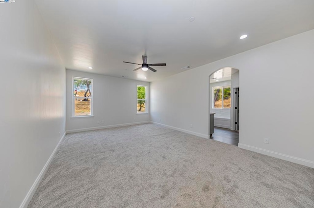 carpeted spare room with ceiling fan and a wealth of natural light