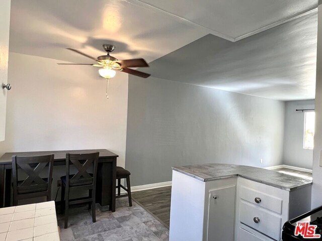 kitchen featuring white cabinetry, ceiling fan, and light hardwood / wood-style floors