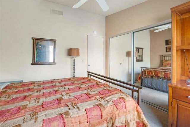 bedroom featuring a closet, carpet, and ceiling fan