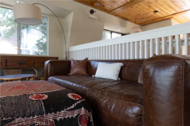 living room featuring a healthy amount of sunlight and wooden ceiling