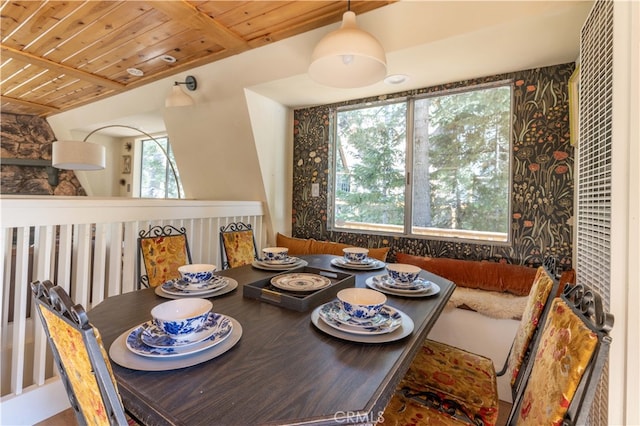 dining area with wood ceiling