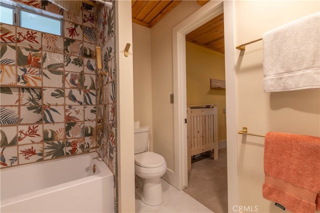 bathroom with toilet, tile patterned floors, shower / tub combo, and wood ceiling