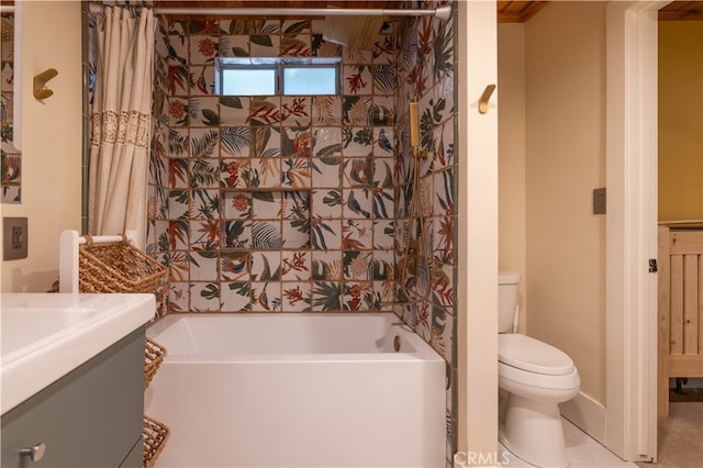 full bathroom with vanity, shower / tub combo with curtain, toilet, and tile patterned flooring