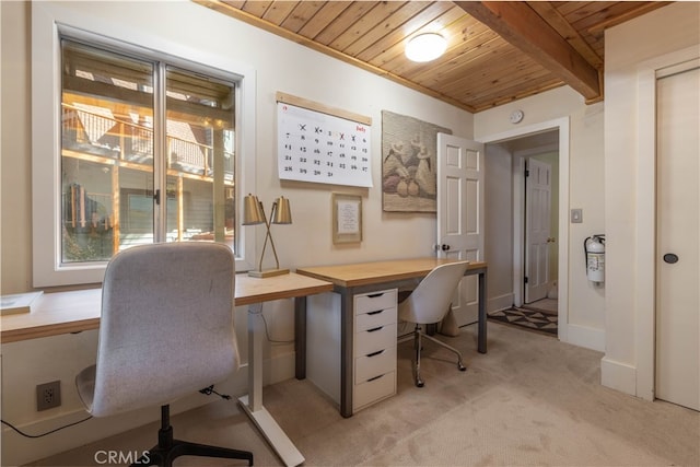 office with light carpet, wood ceiling, beam ceiling, and a wealth of natural light