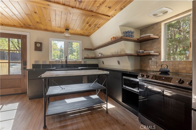 kitchen with wood ceiling, stainless steel electric range, backsplash, light wood-type flooring, and sink