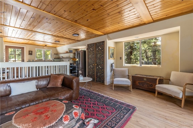 living room featuring wood ceiling and light wood-type flooring