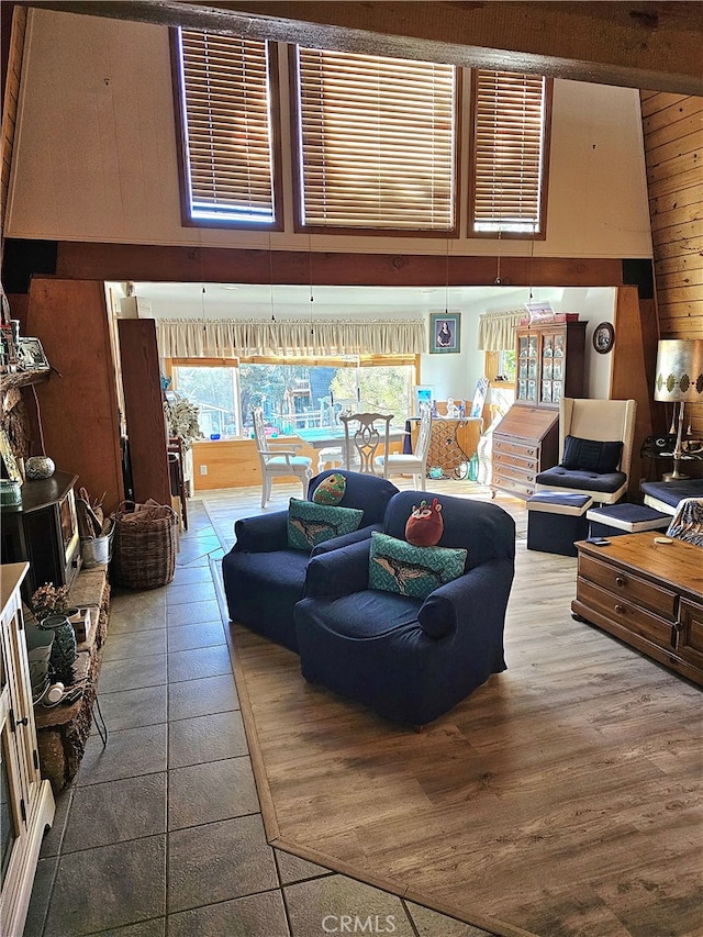 living room with wooden walls