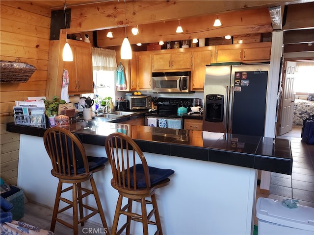 kitchen featuring kitchen peninsula, wooden walls, stainless steel appliances, and a wealth of natural light