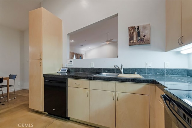 kitchen with sink, ceiling fan, range, dishwasher, and light tile patterned flooring