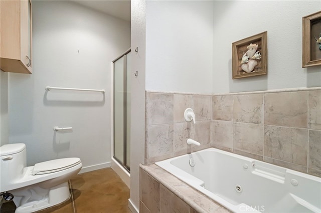 bathroom featuring tile patterned floors, plus walk in shower, and toilet