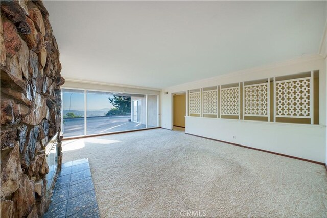 unfurnished living room featuring crown molding and carpet floors