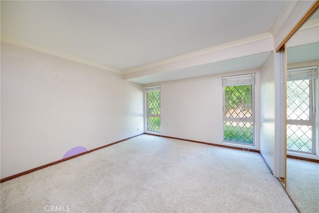 empty room featuring light carpet and ornamental molding