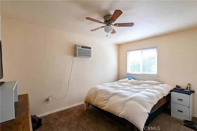 carpeted bedroom with a wall unit AC and ceiling fan