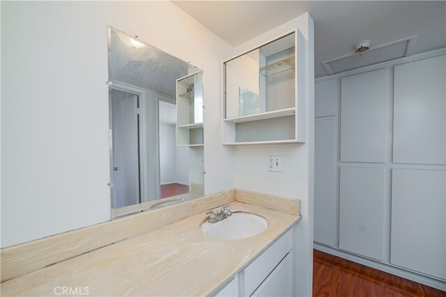 bathroom with vanity and wood-type flooring