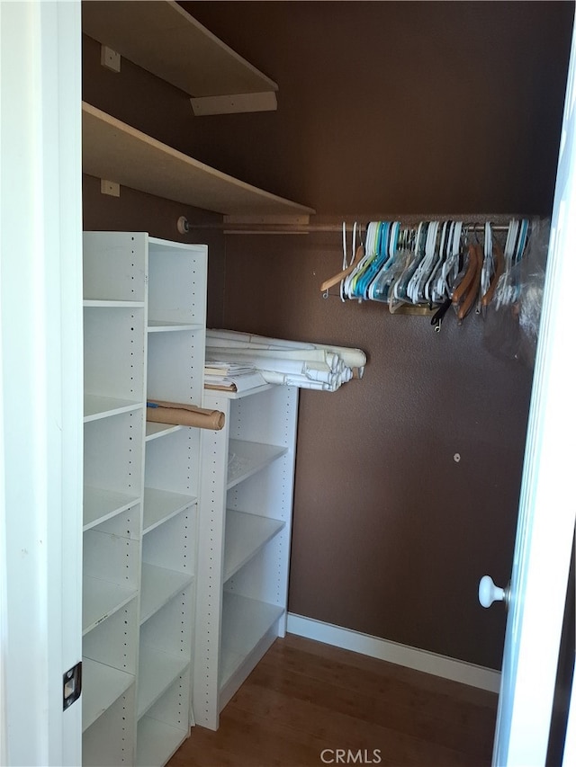 walk in closet with hardwood / wood-style floors