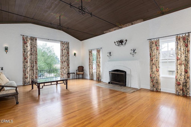 interior space with lofted ceiling, light hardwood / wood-style floors, and wooden ceiling