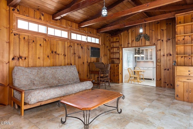 living area featuring wood walls, plenty of natural light, and wood ceiling