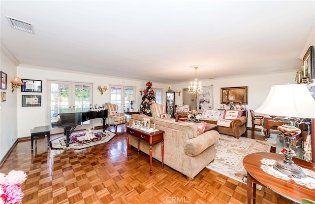645 W Foothill Blvd, Arcadia, CA 91006 - living area with a chandelier, crown molding, and french doors