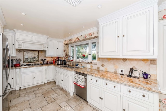 645 W Foothill Blvd, Arcadia, CA 91006 - kitchen with appliances with stainless steel finishes, white cabinetry, backsplash, light stone countertops, and ornamental molding