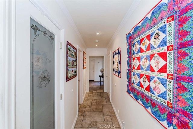 645 W Foothill Blvd, Arcadia, CA 91006 - corridor with stone tile floors, ornamental molding, and recessed lighting