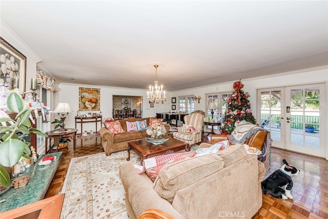 645 W Foothill Blvd, Arcadia, CA 91006 - living area with a chandelier, french doors, and ornamental molding