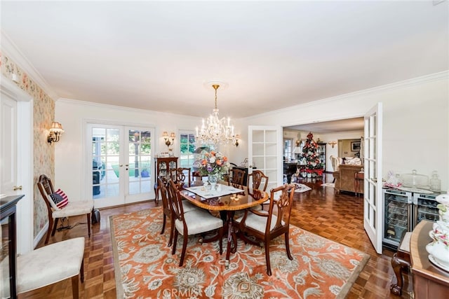 645 W Foothill Blvd, Arcadia, CA 91006 - dining area with french doors, ornamental molding, beverage cooler, and a chandelier