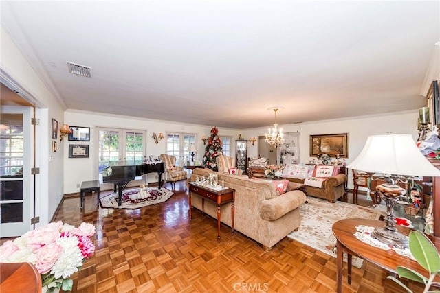 645 W Foothill Blvd, Arcadia, CA 91006 - living area featuring a chandelier, ornamental molding, and french doors