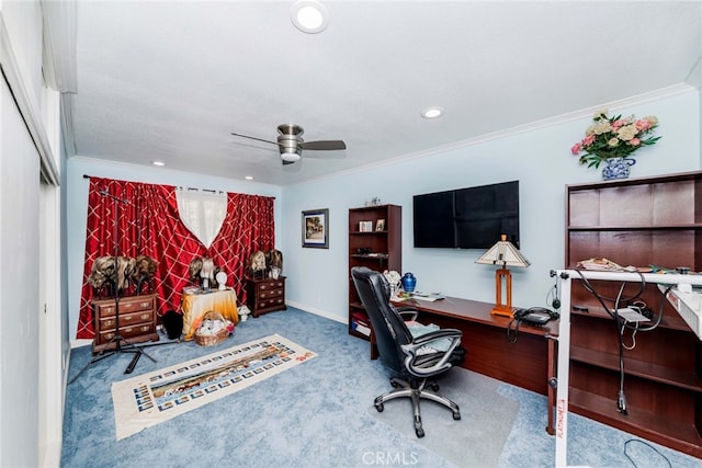 645 W Foothill Blvd, Arcadia, CA 91006 - carpeted office featuring ornamental molding, ceiling fan, and recessed lighting
