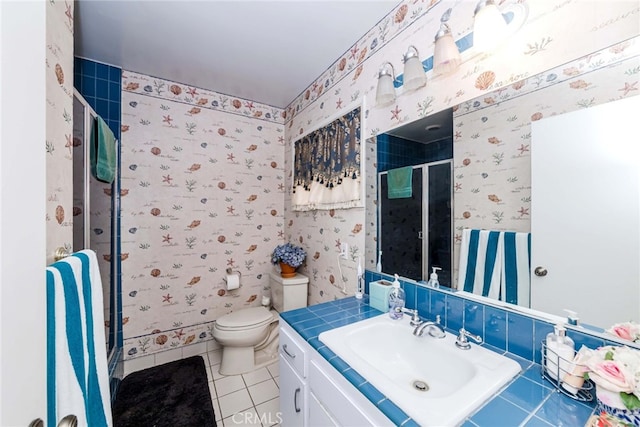 645 W Foothill Blvd, Arcadia, CA 91006 - full bathroom featuring wallpapered walls, a stall shower, vanity, and tile patterned floors