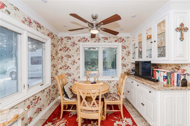 645 W Foothill Blvd, Arcadia, CA 91006 - dining room with wallpapered walls, light tile patterned floors, plenty of natural light, a ceiling fan, and crown molding
