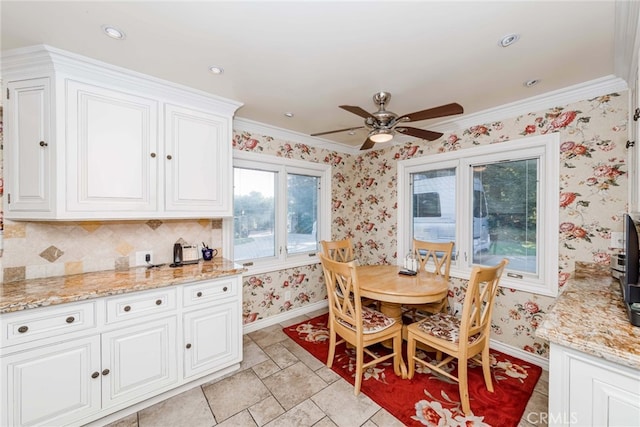 645 W Foothill Blvd, Arcadia, CA 91006 - dining area with wallpapered walls, ceiling fan, and ornamental molding