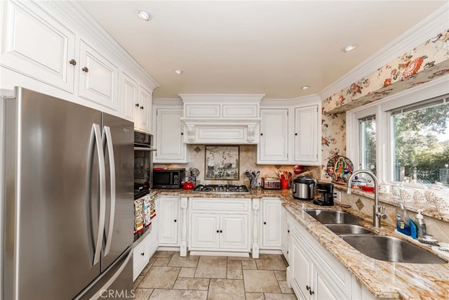 645 W Foothill Blvd, Arcadia, CA 91006 - kitchen with appliances with stainless steel finishes, white cabinetry, decorative backsplash, crown molding, and light stone finish floors