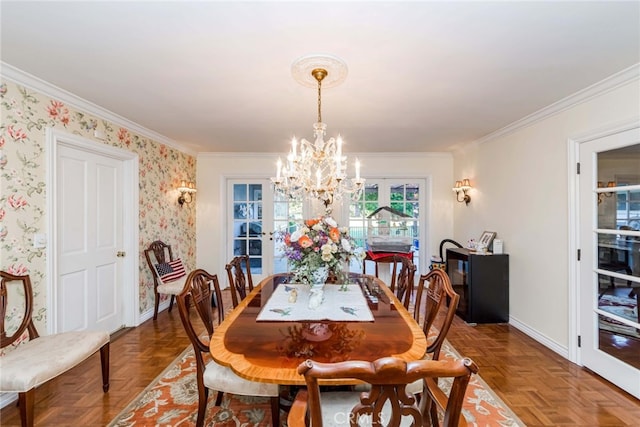 645 W Foothill Blvd, Arcadia, CA 91006 - dining space featuring a chandelier, crown molding, wallpapered walls, and french doors