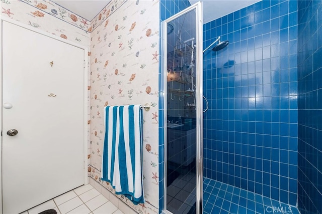 645 W Foothill Blvd, Arcadia, CA 91006 - full bath with wallpapered walls, a stall shower, and tile patterned flooring