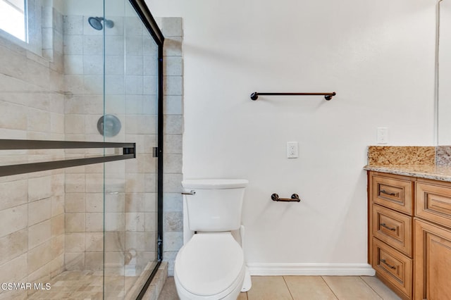 bathroom featuring vanity, toilet, tile patterned flooring, and an enclosed shower