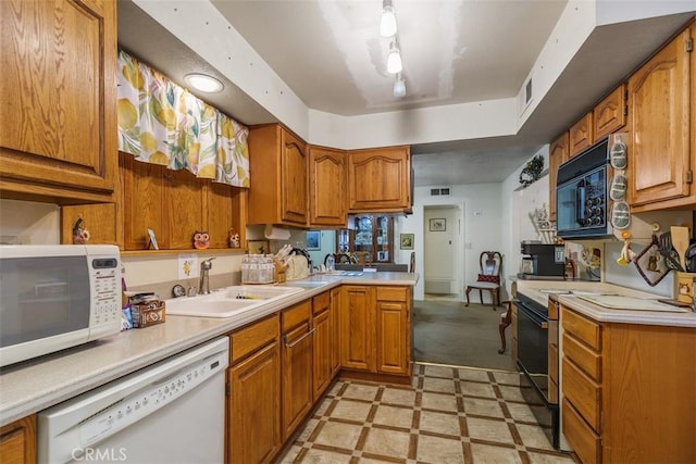 kitchen featuring sink, a tray ceiling, and black appliances