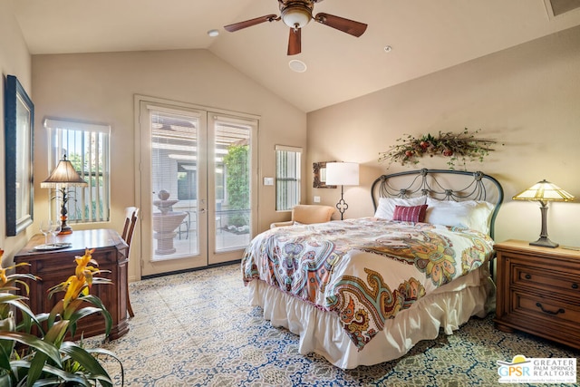 bedroom featuring lofted ceiling, access to exterior, and ceiling fan