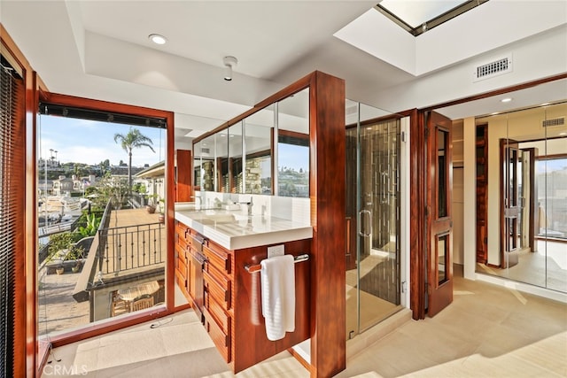 bathroom featuring vanity, a healthy amount of sunlight, and a shower with shower door