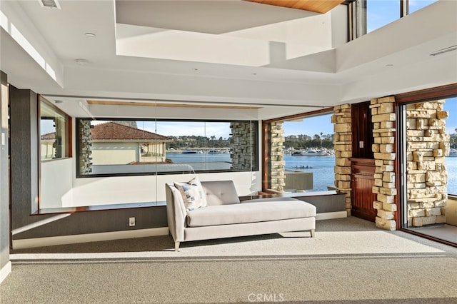 interior space featuring a water view