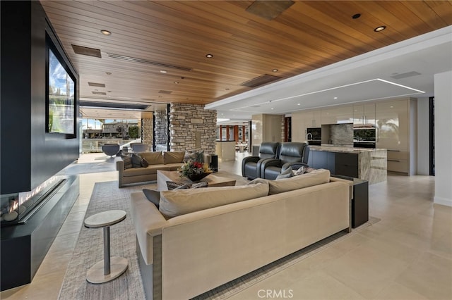 living room featuring wood ceiling