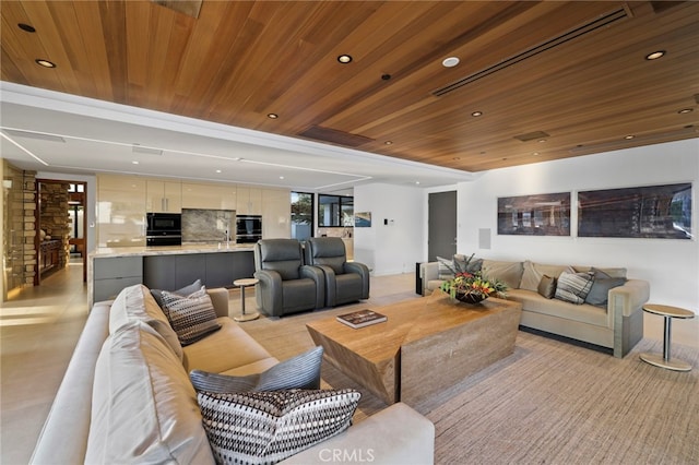 living room featuring wood ceiling