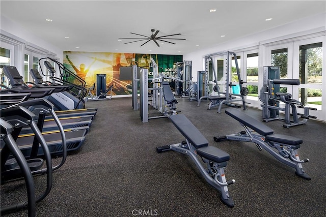 exercise room featuring ceiling fan and french doors