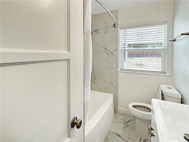 full bathroom featuring vanity, toilet, and shower / bathtub combination with curtain