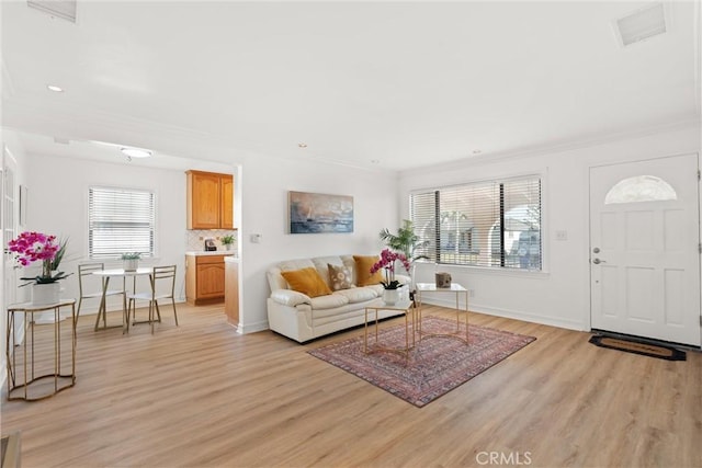 living room with light hardwood / wood-style flooring and crown molding