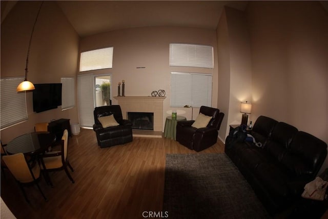 living room with hardwood / wood-style floors and high vaulted ceiling