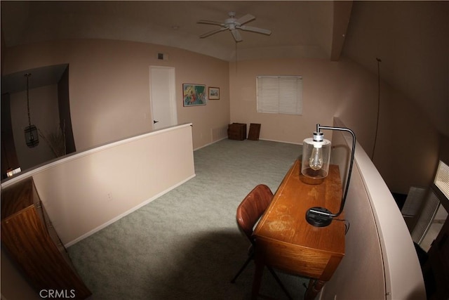 interior space with carpet, vaulted ceiling with beams, and ceiling fan