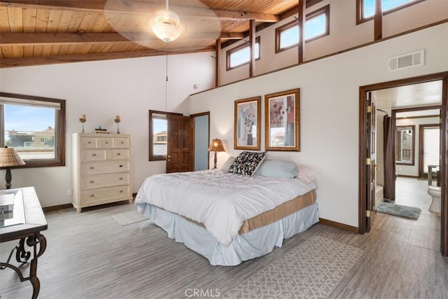 bedroom featuring wood ceiling, hardwood / wood-style floors, beam ceiling, and high vaulted ceiling