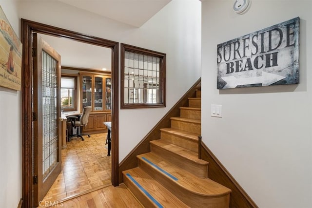 stairs with parquet floors