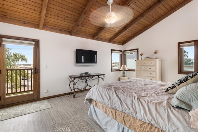 bedroom with multiple windows, access to exterior, and wood ceiling