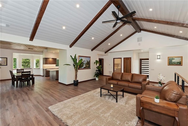 1285 N State Highway 173, Lake Arrowhead, CA 92352 - living area with wood finished floors, baseboards, a ceiling fan, wood ceiling, and recessed lighting
